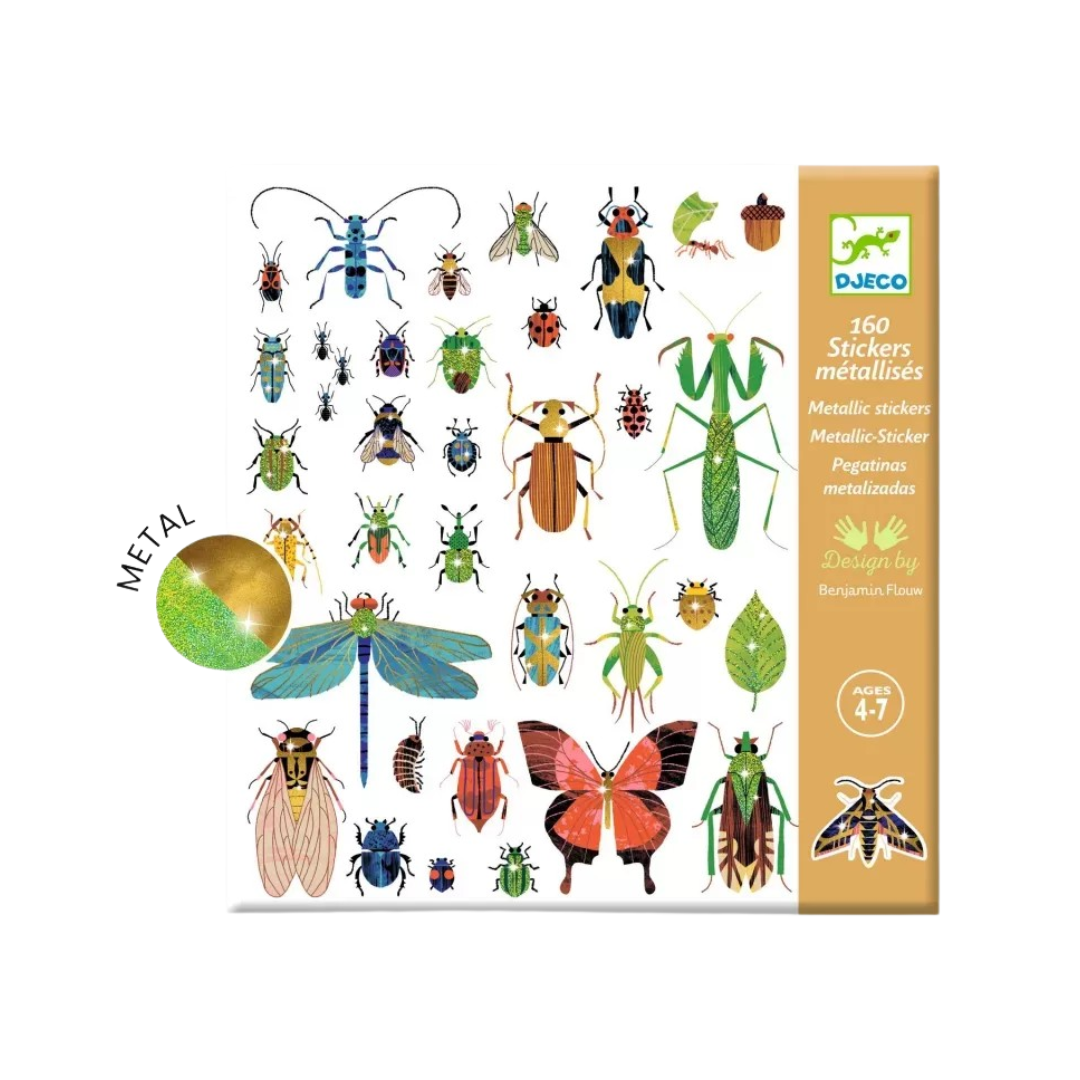 Pacote de autocolantes metalizados com desenhos de insetos coloridos