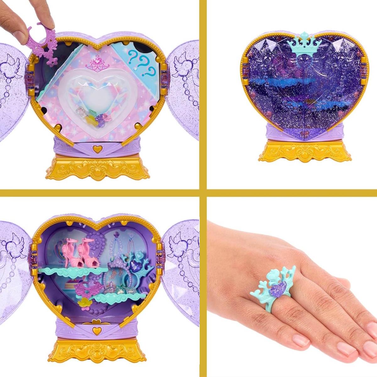 Brinquedo caixa coração lilás e amarelo com acessórios e anel azul claro