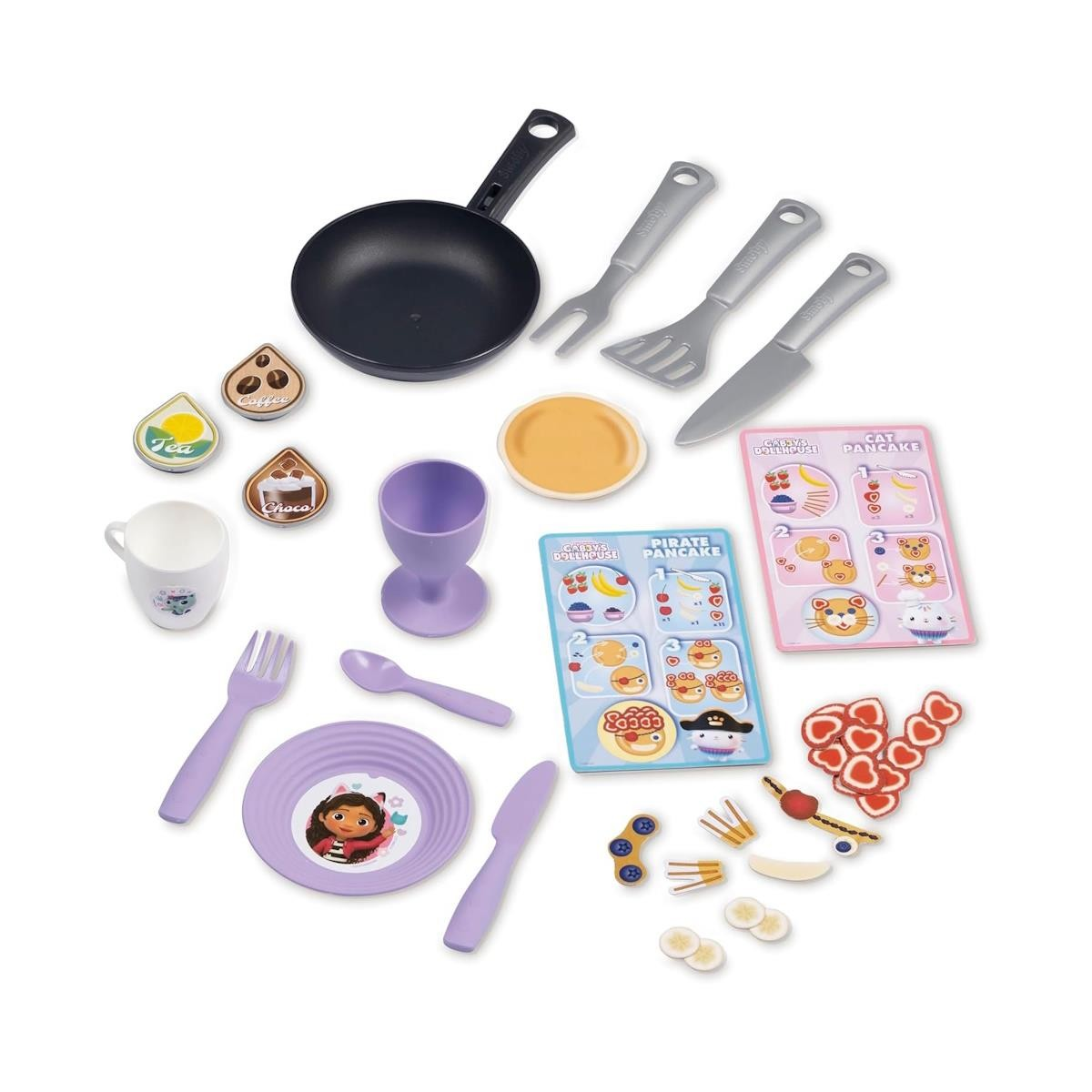 Conjunto de brinquedo de cozinha com utensílios, pratos, copos, bolachas e cartões coloridos
