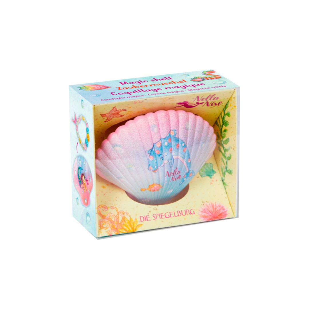 Concha decorativa rosa e azul em caixa colorida com texto multilingue