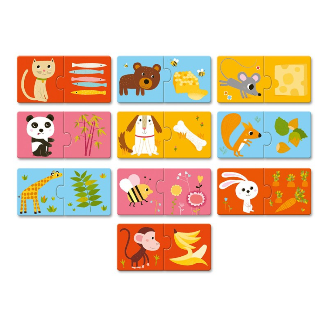 Pares de peças de puzzle com animais e seus alimentos, coloridos e ilustrativos.