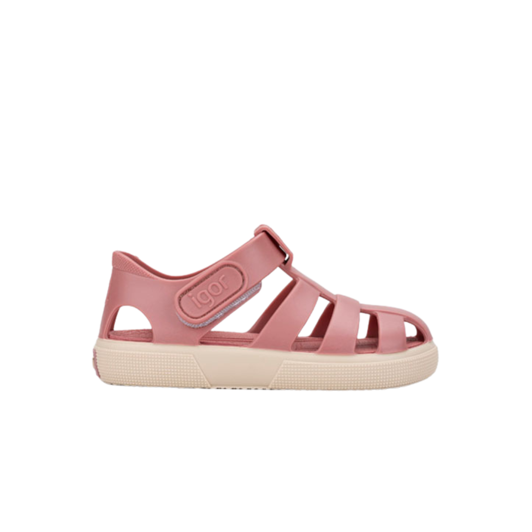 Sandália infantil cor de rosa com fecho de velcro e sola bege