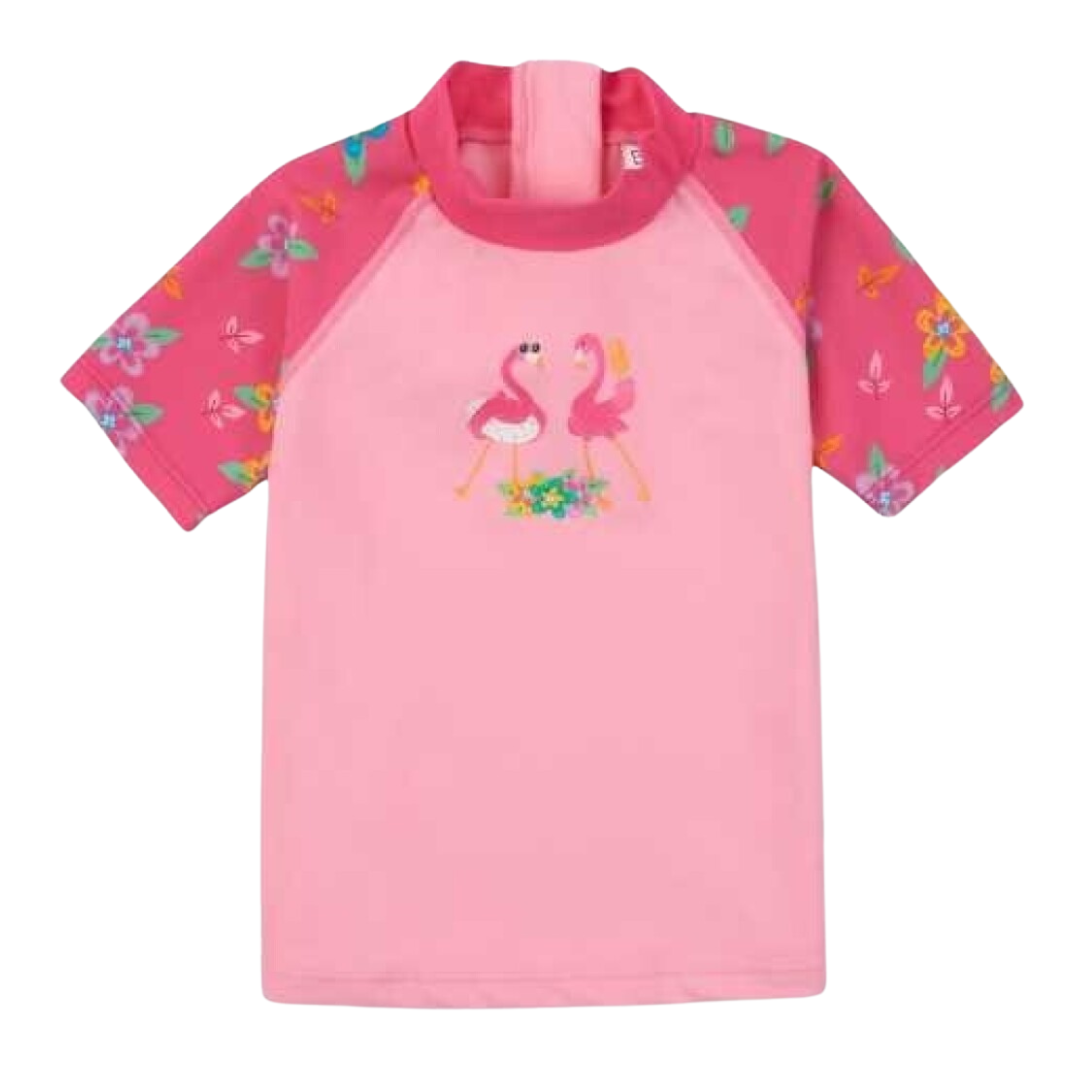 camisola rosa clara com mangas florais e flamingos desenhados