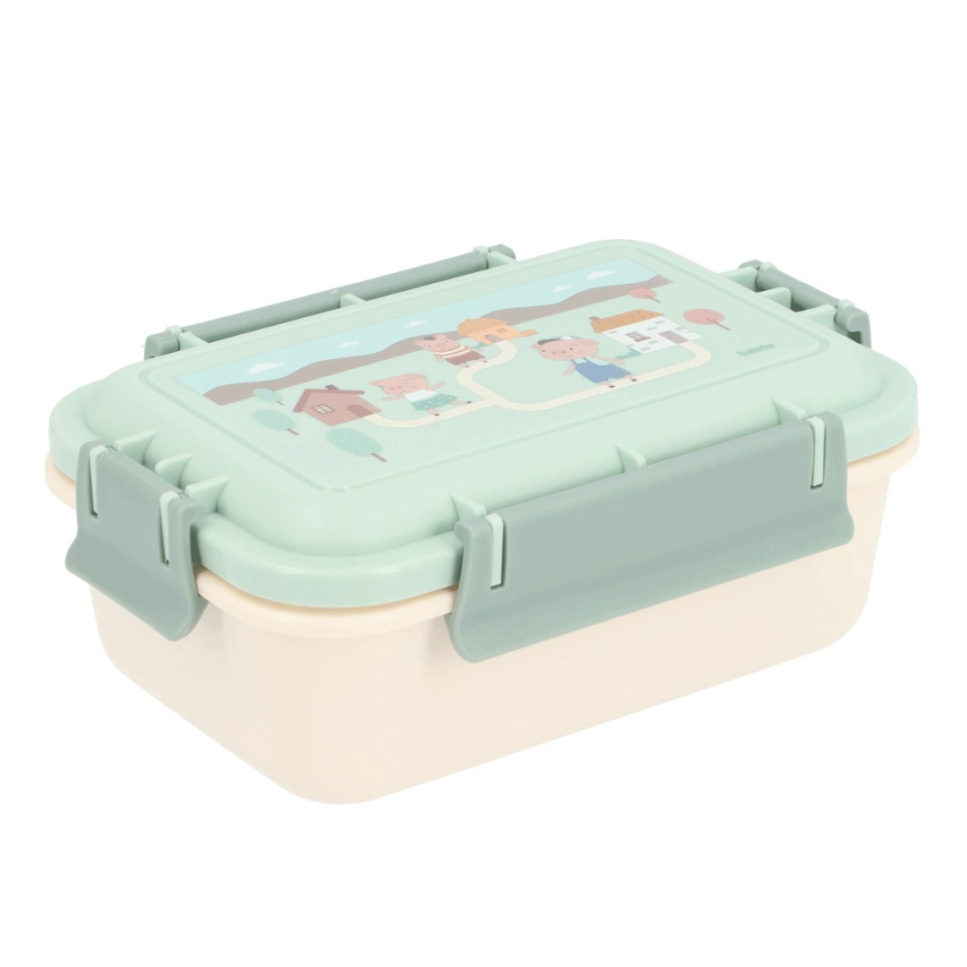 Caixa de almoço em plástico verde com desenho colorido na tampa