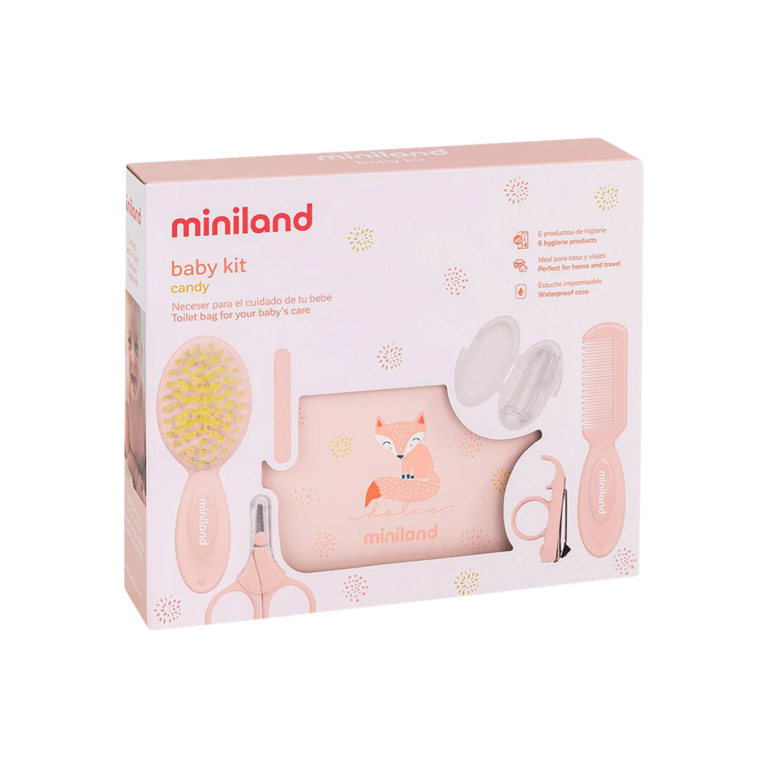 Kit baby kit candy Miniland rosa com acessórios para higiene de bebé e estojo com raposa