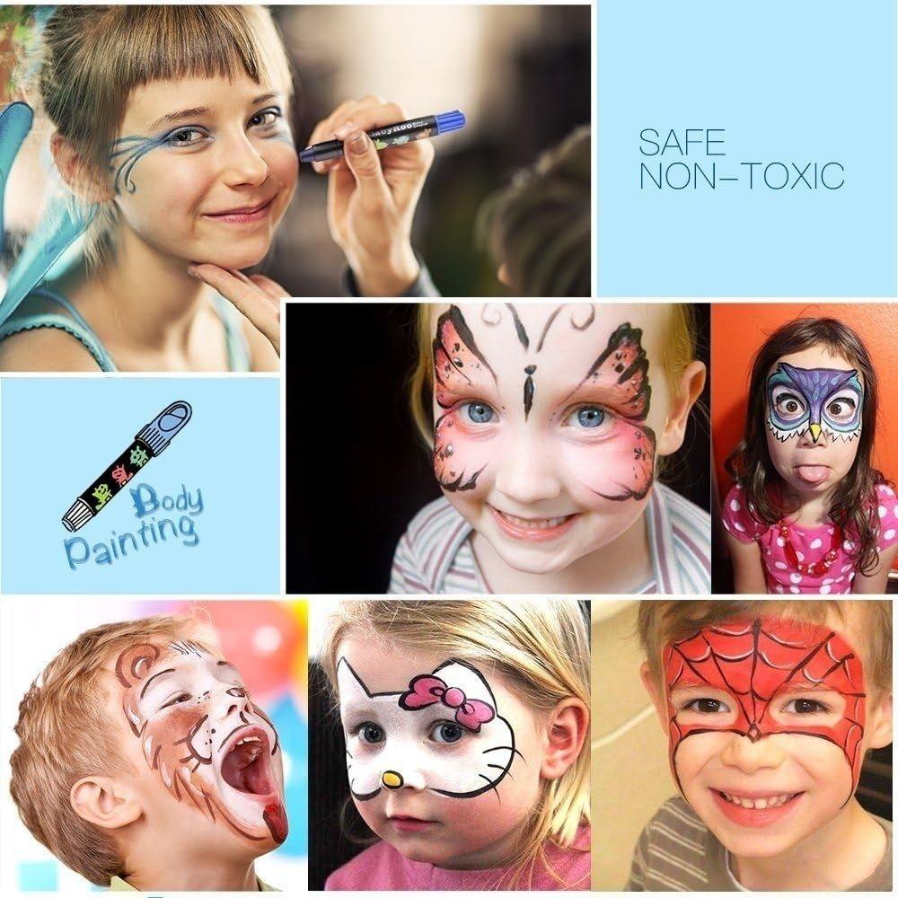 Crianças com pinturas faciais coloridas e texto sobre produto seguro e não tóxico.