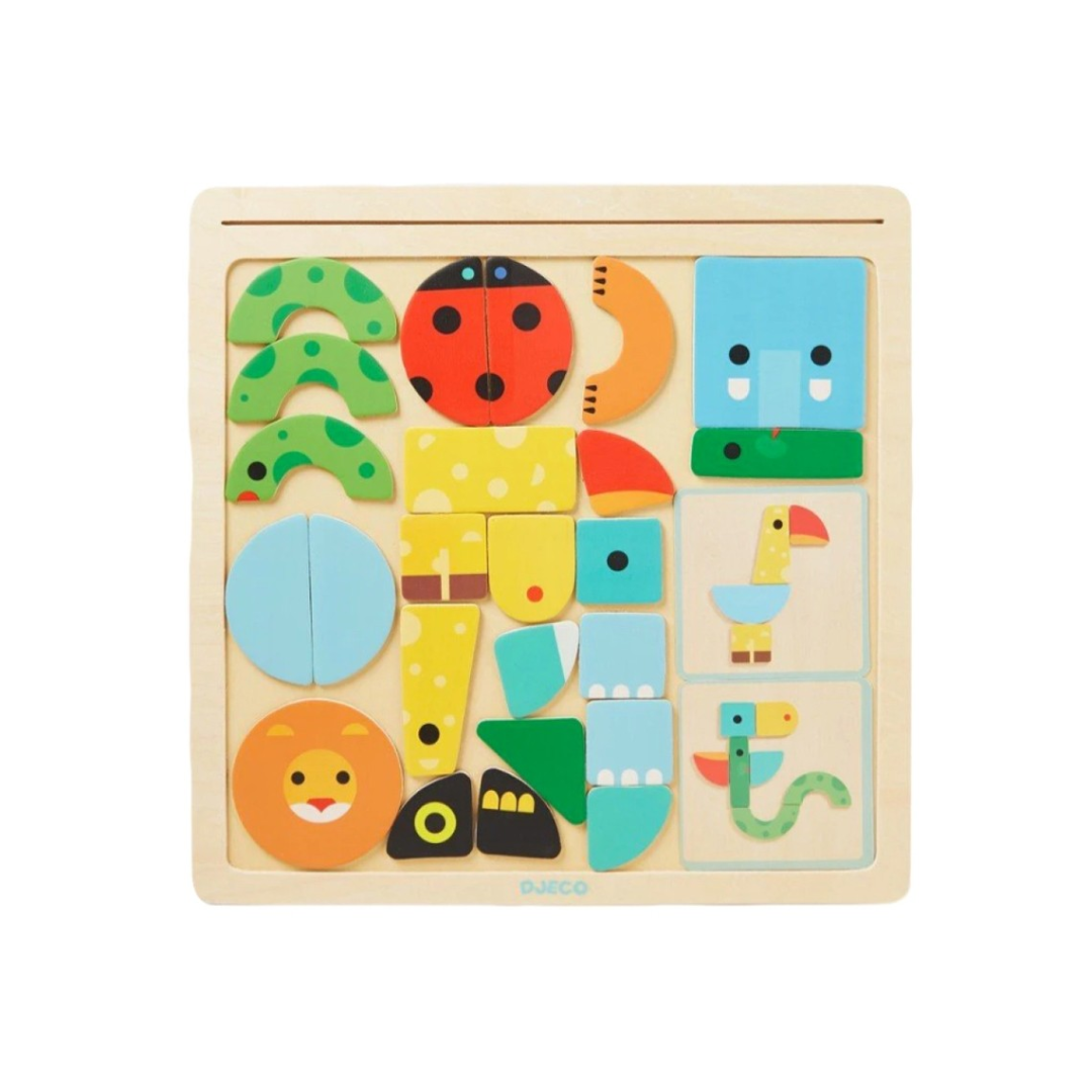 Quebra-cabeças infantil de madeira com peças coloridas e figuras de animais