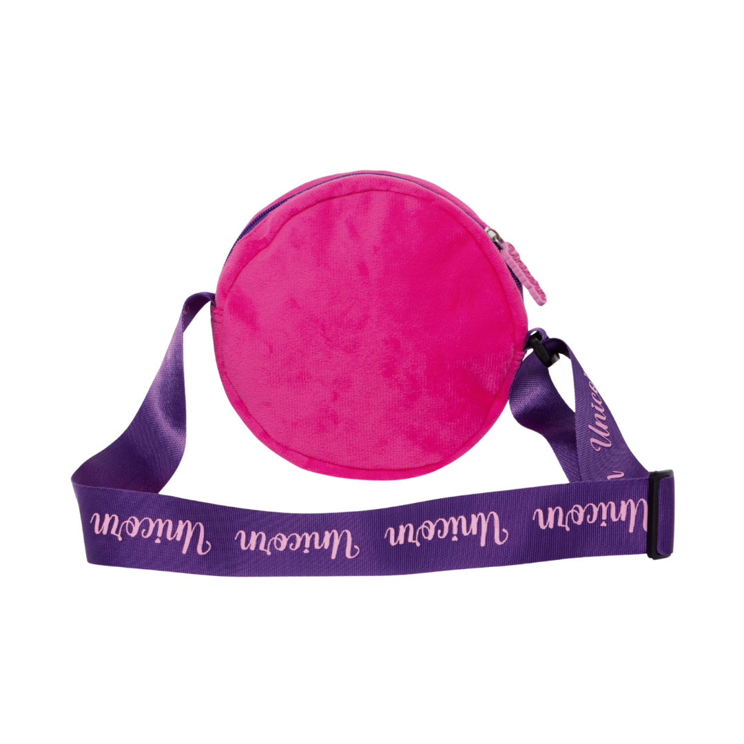 Mala redonda rosa com alça roxa escrita