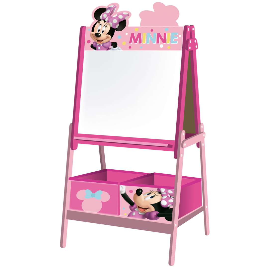 Cavalete infantil rosa com quadro branco e decoração Minnie Mouse.