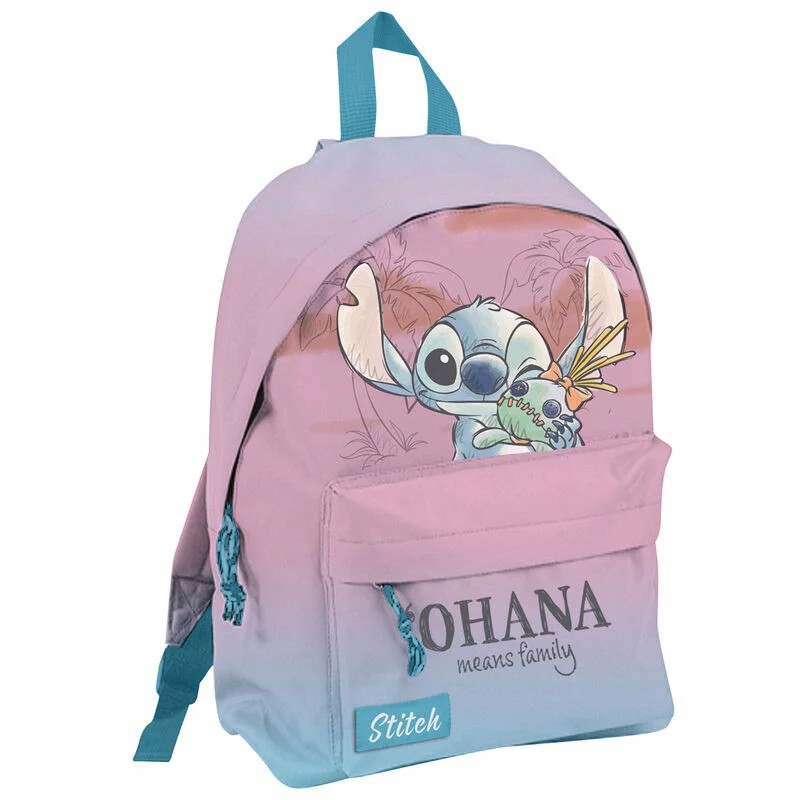 mochila rosa e azul com personagem Stitch e texto OHANA means family
