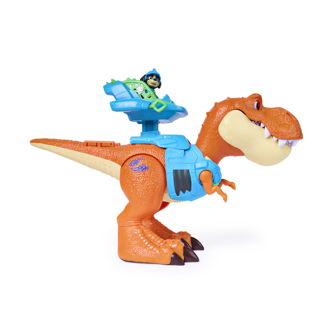 Brinquedo dinossauro T-Rex laranja com arnês azul e figura verde no topo