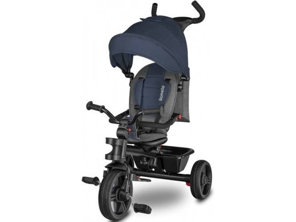 Triciclo infantil com assento azul e estrutura preta