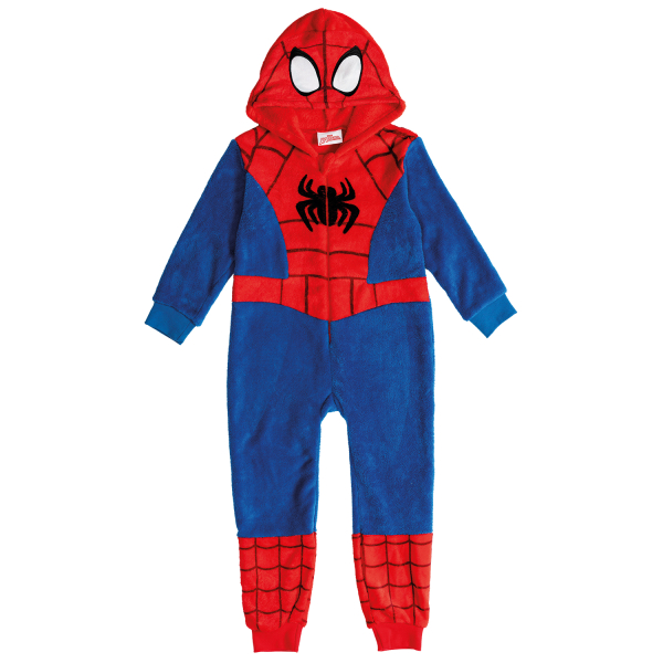 Macacão infantil azul e vermelho com capuz, padrão de teias e símbolo de aranha