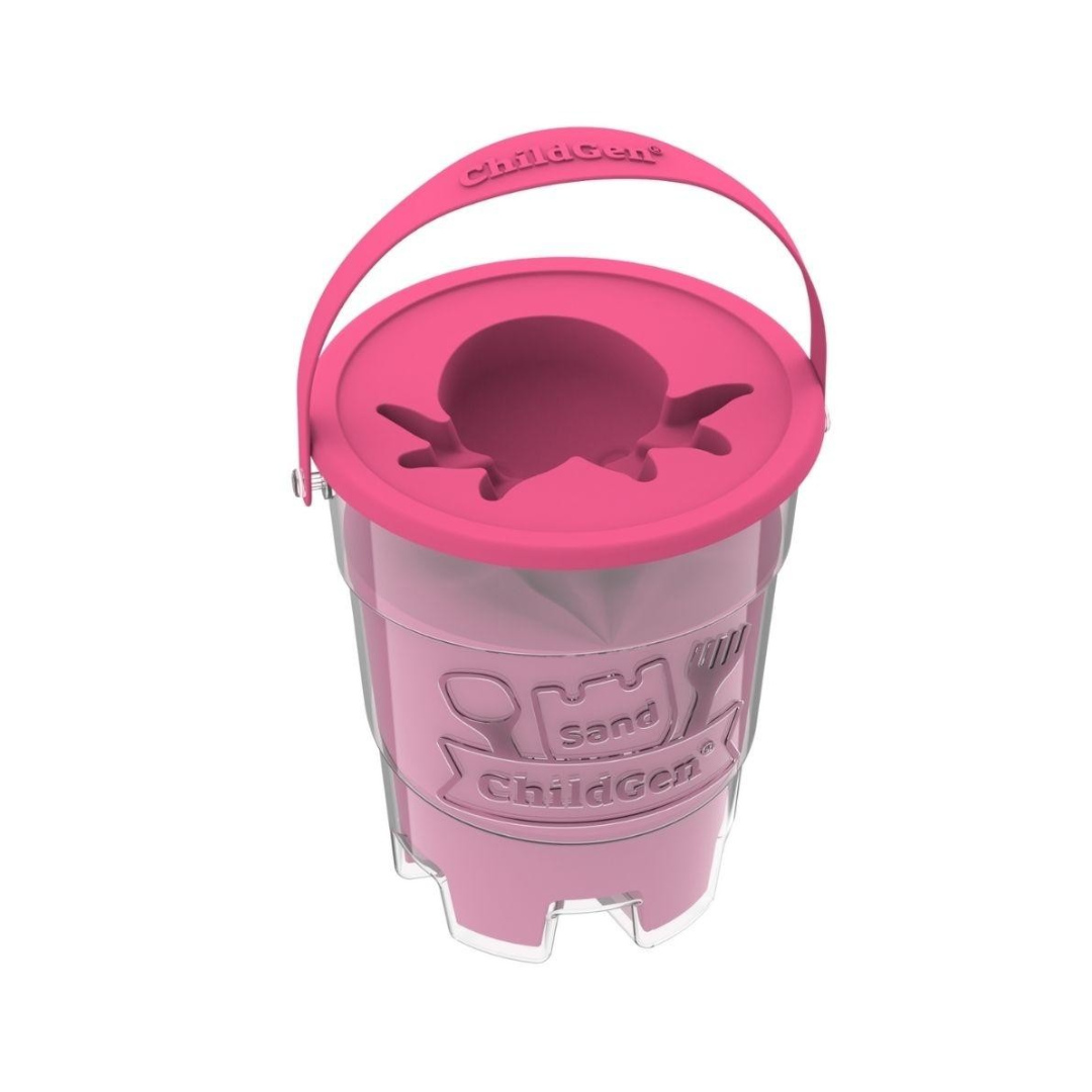 Balde cor-de-rosa para areia com tampa e molde de polvo