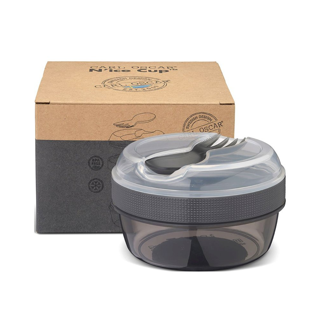 Recipiente redondo cinza com tampa e caixa de papelão