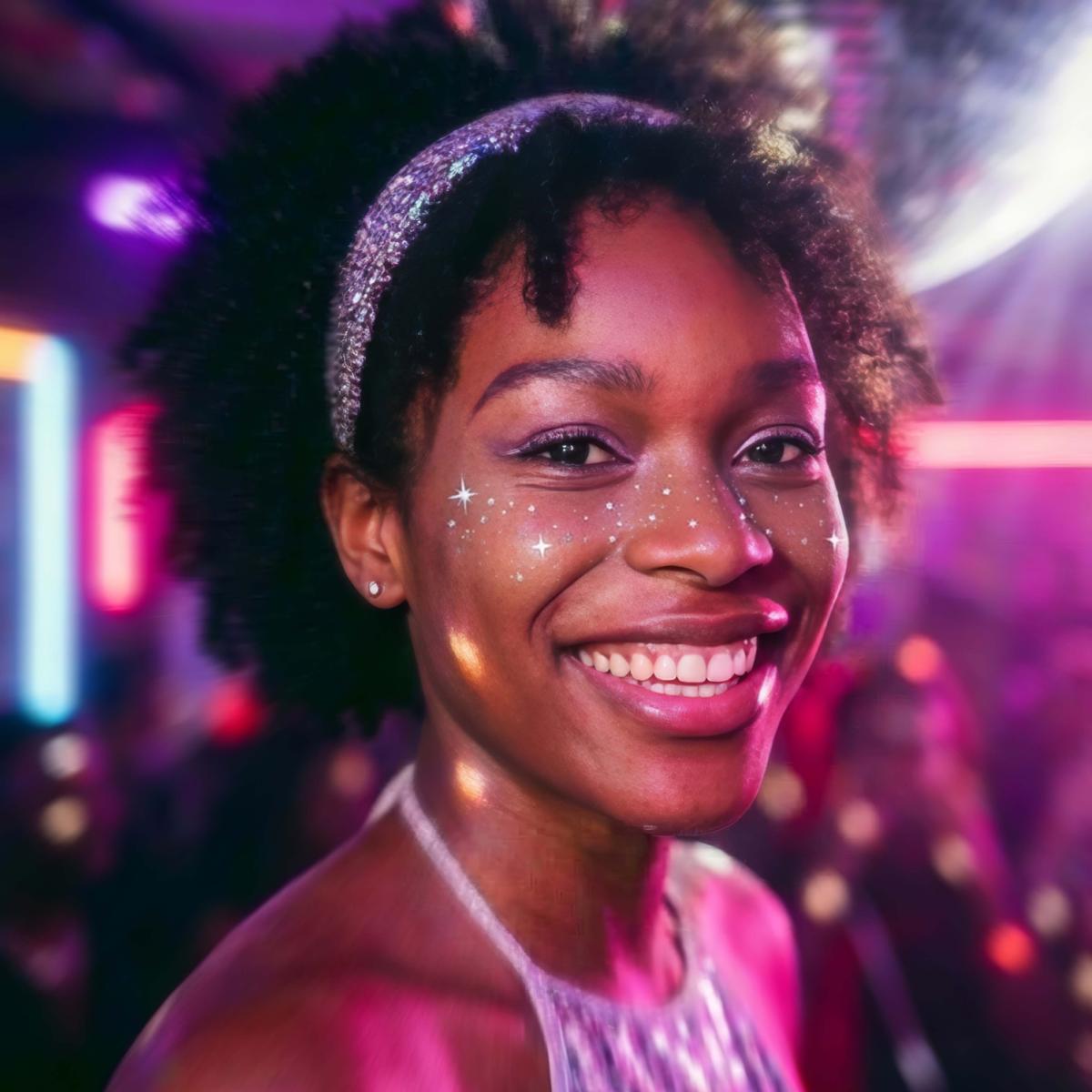 Mulher com faixa de cabeça prateada e maquilhagem de estrelas numa discoteca com luzes coloridas