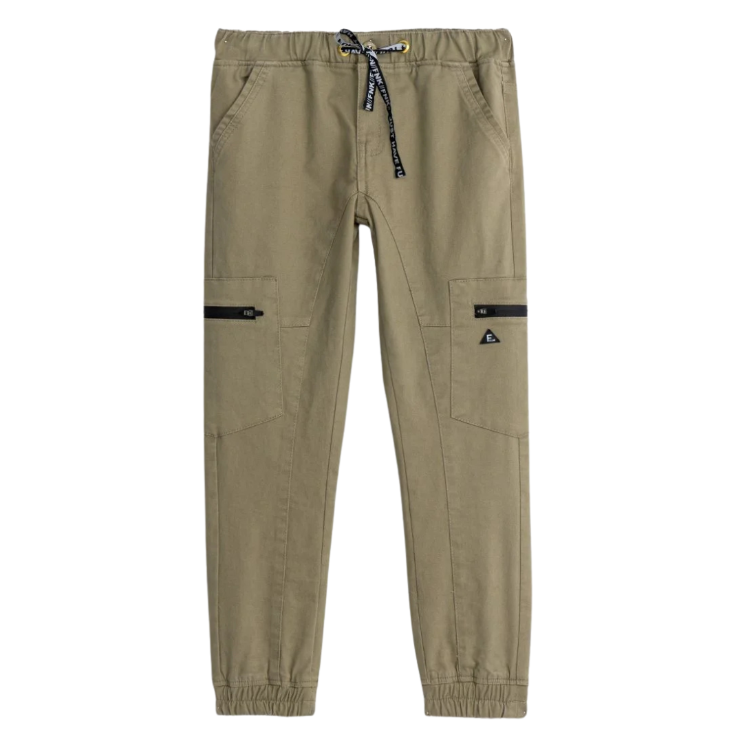 Calças cargo bege com bolsos e fechos pretos