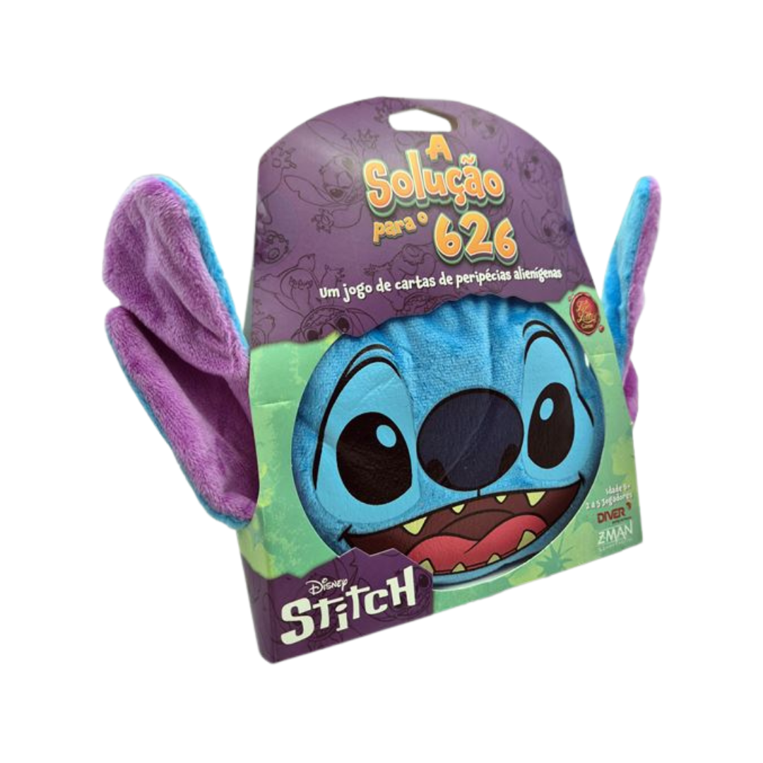 Jogo de cartas Disney Stitch com rosto azul e orelhas de pelúcia roxa na embalagem