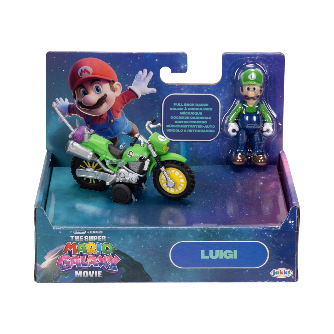 Brinquedo de figura Luigi e mota verde na embalagem The Super Mario Galaxy Movie