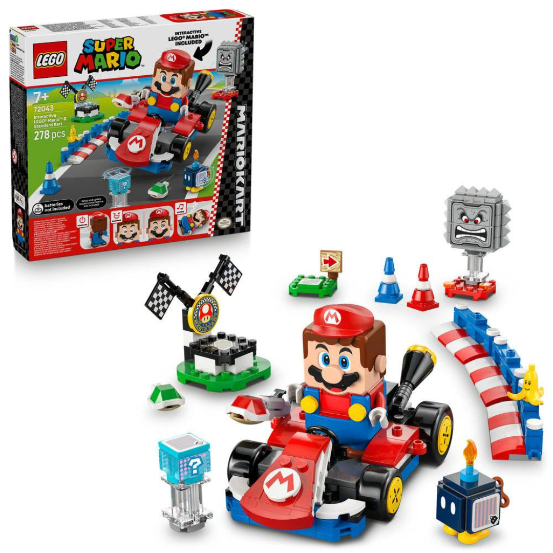 Conjunto LEGO Super Mario com figura Mario e kart vermelho e vários acessórios de jogo.