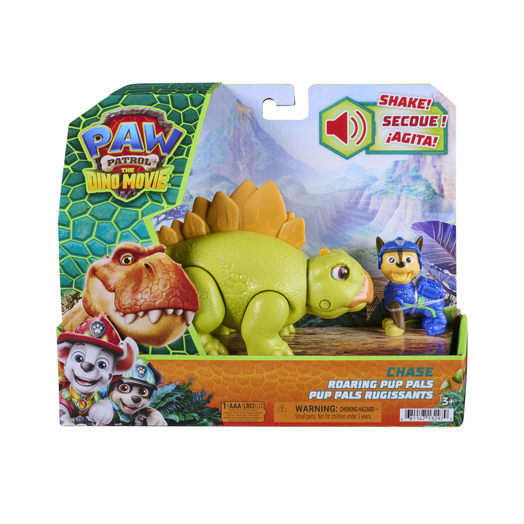 Brinquedo Paw Patrol com dinossauro verde e figura Chase azul em caixa colorida