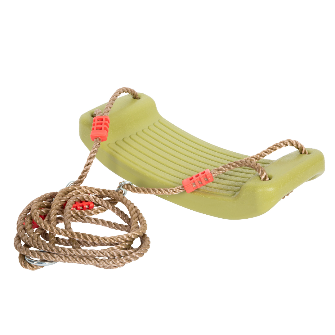 Baloiço verde claro com cordas marrons e detalhes vermelhos