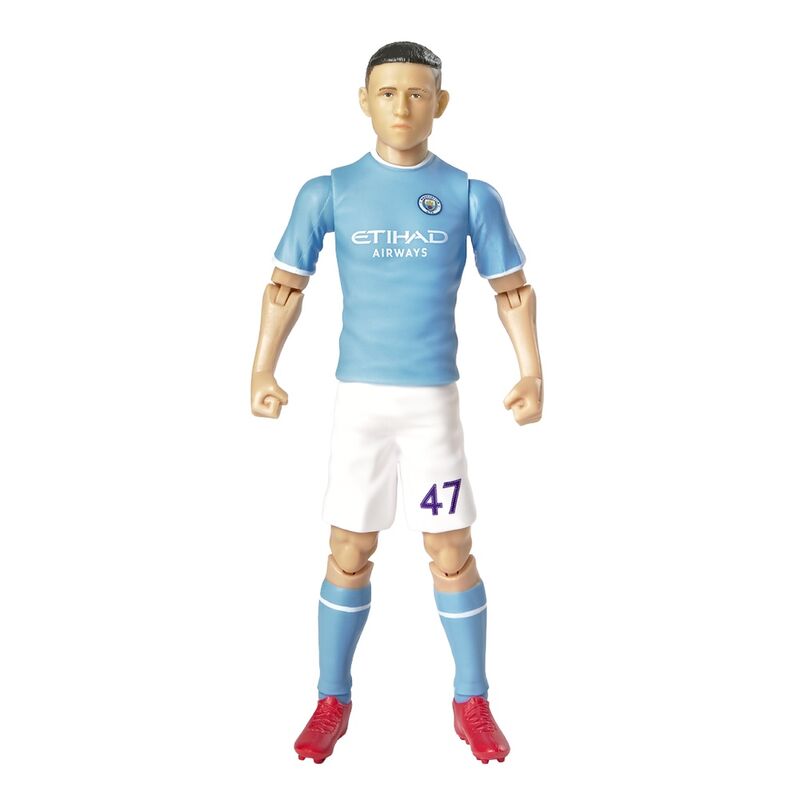 Figura de ação de jogador de futebol com camisola azul clara e calções brancos