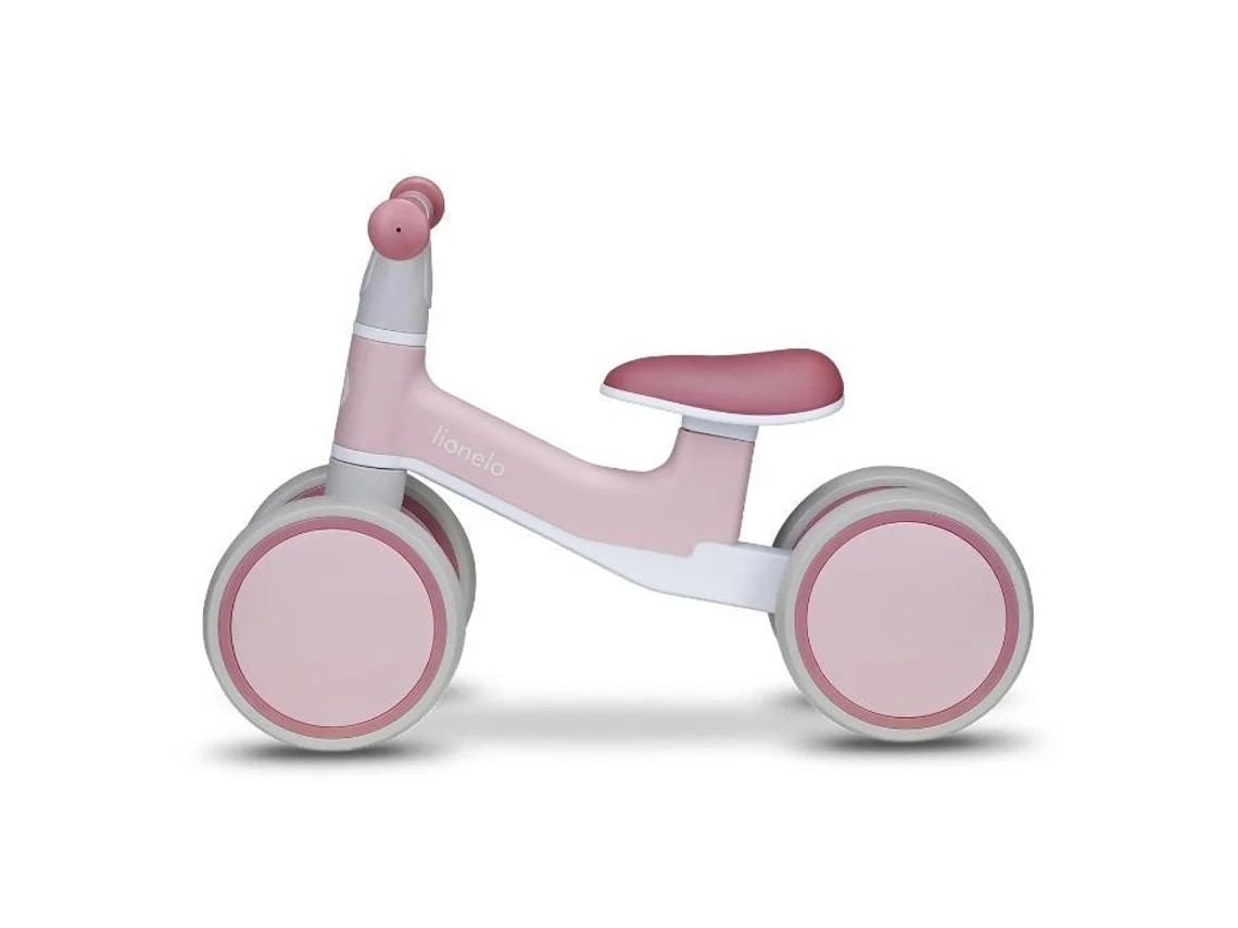 Veículo infantil cor-de-rosa e branco com quatro rodas e assento acolchoado