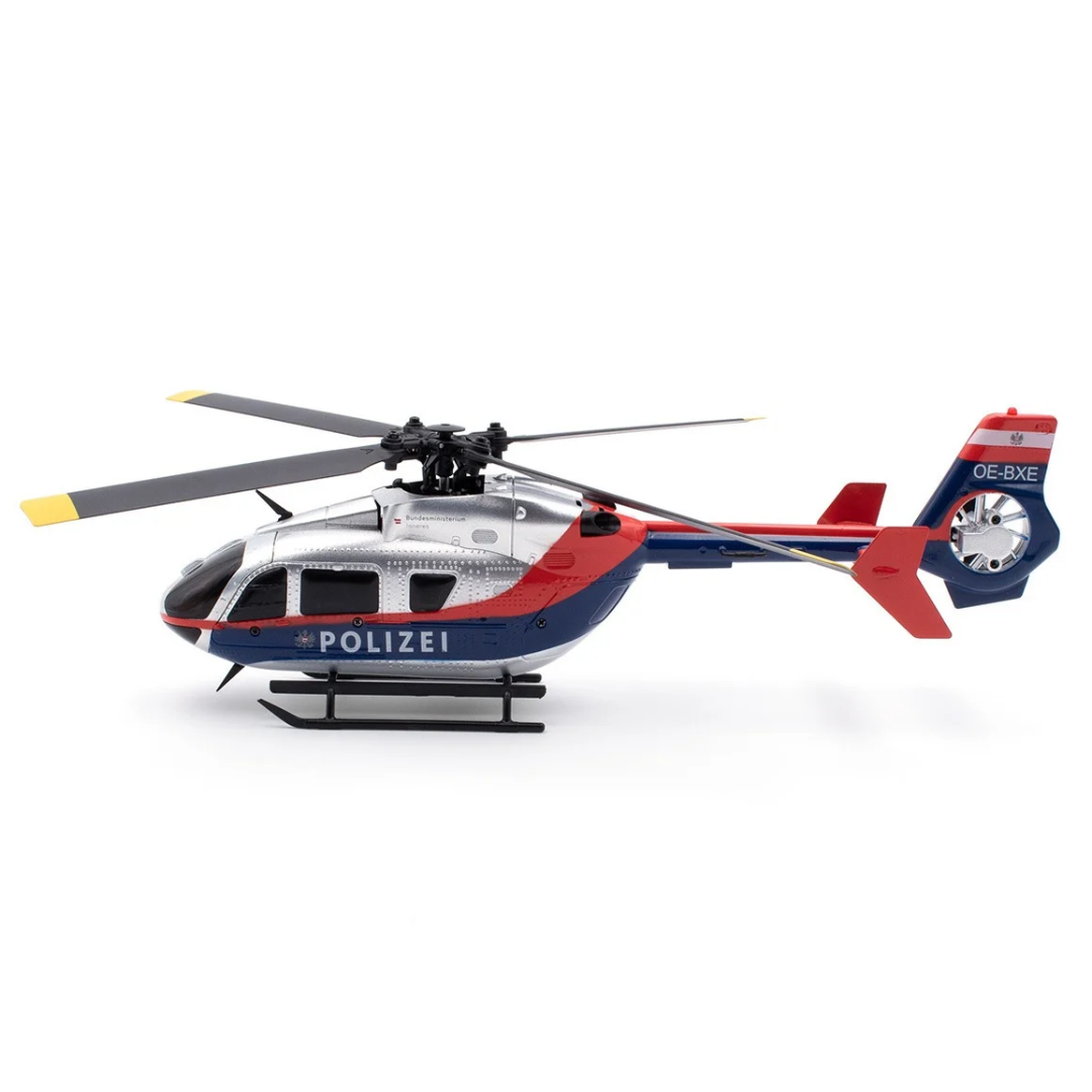 Miniatura de helicóptero policial azul, vermelho e prateado com rotor principal e traseiro