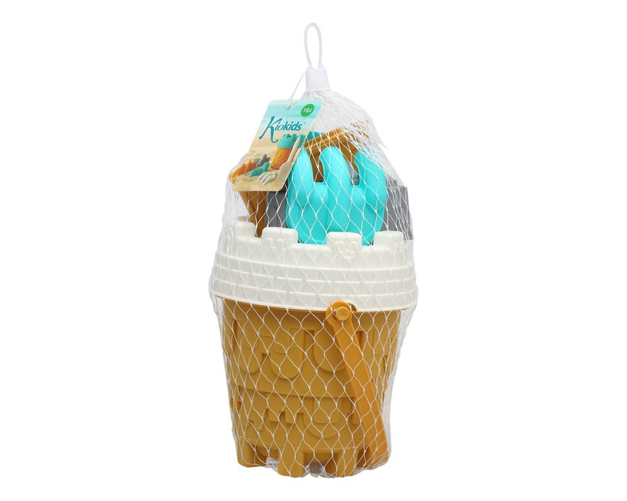 Conjunto brinquedo praia balde castanho tampa branca regador azul pá