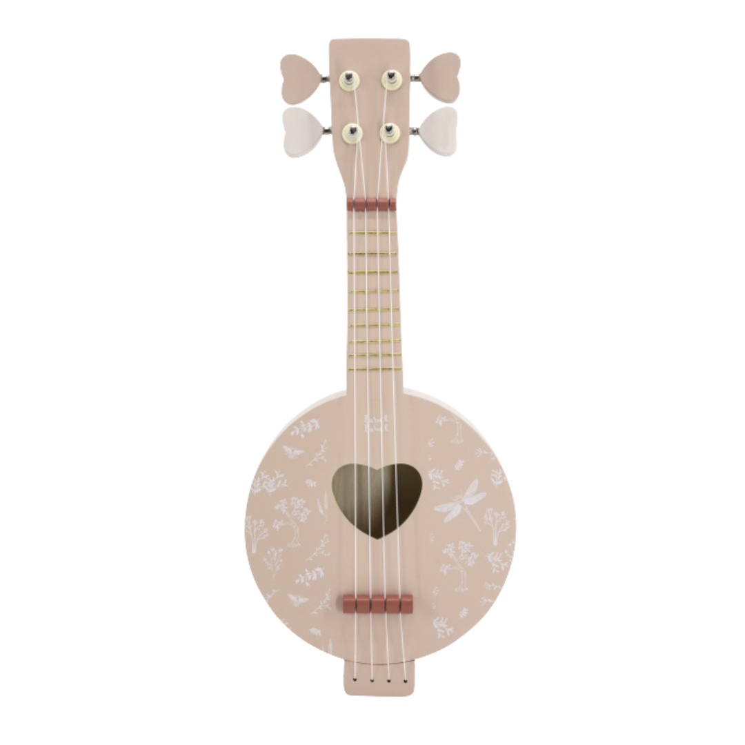 ukulele rosa com buraco em forma de coração e decoração floral