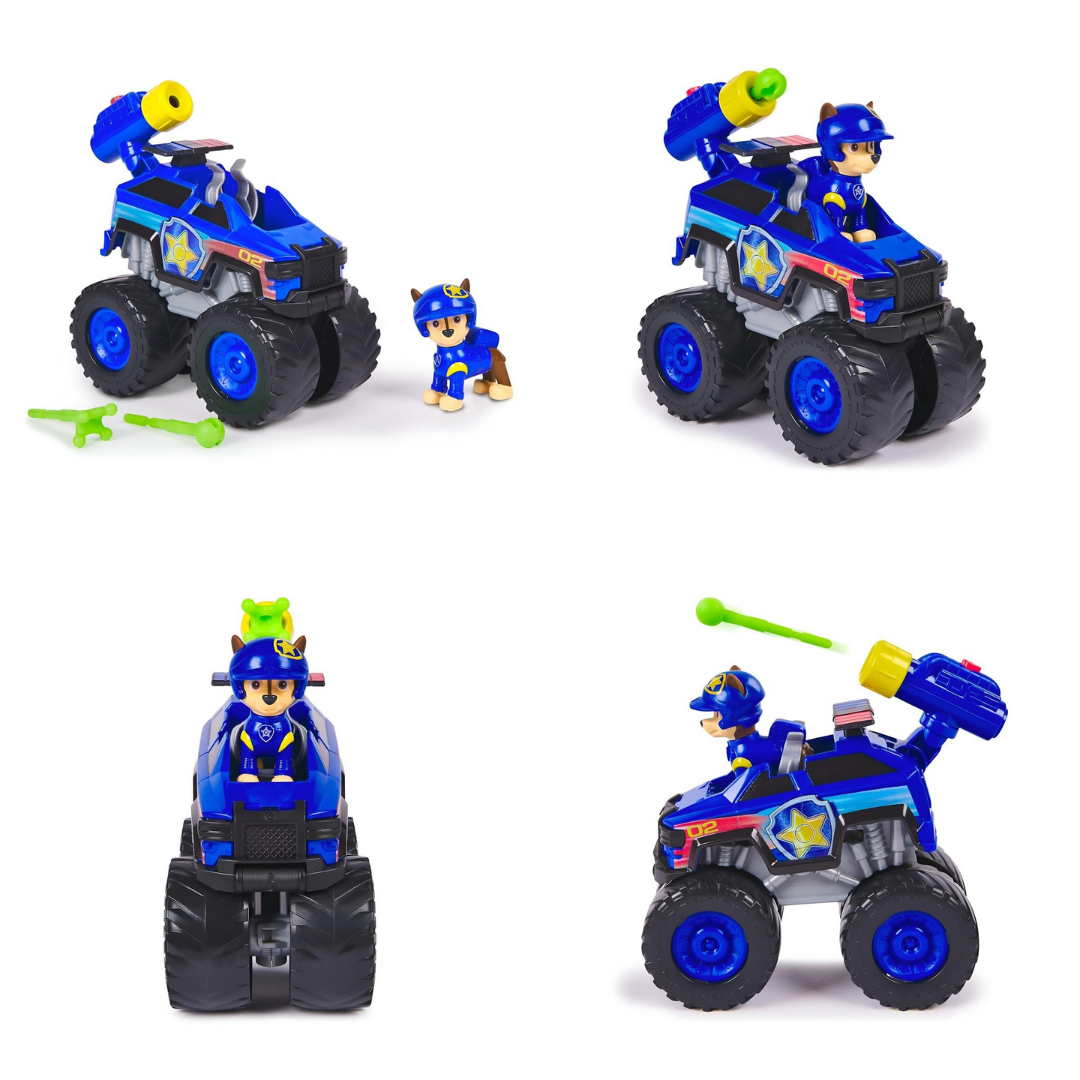 Carrinho de brinquedo azul com boneco policial e lançador verde