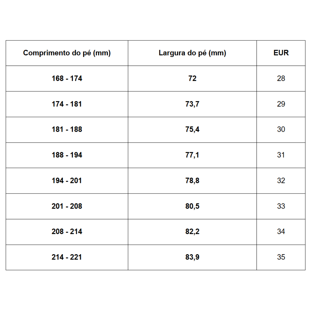 Tabela com medidas de comprimento do pé, largura do pé e tamanho EUR.