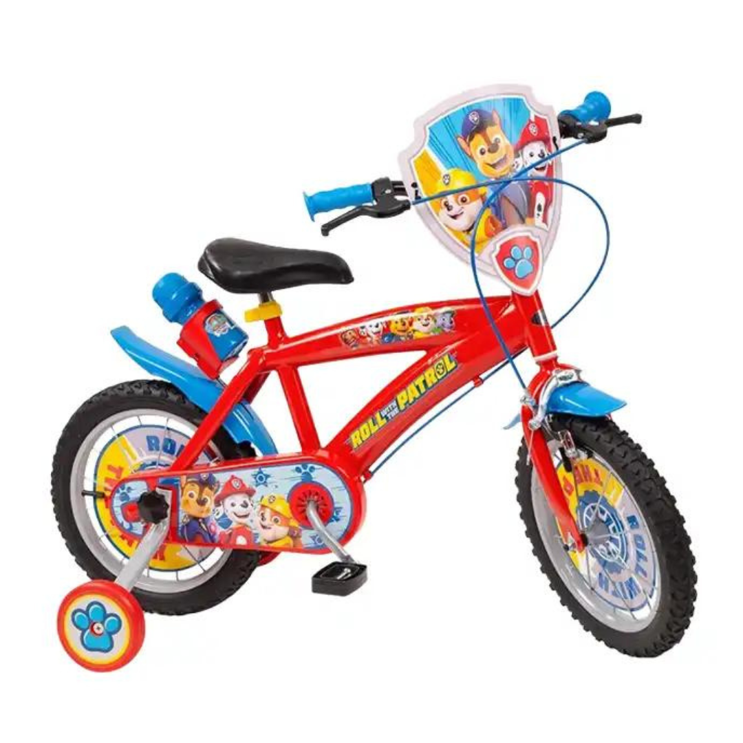 Bicicleta infantil vermelha e azul da Patrulha Pata com personagens e rodas de apoio