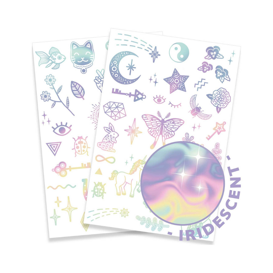 Folhas de autocolantes coloridos com círculo iridescente e diversos símbolos