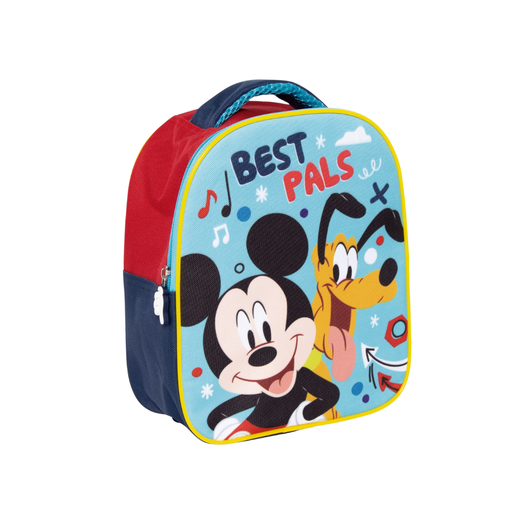 Mochila infantil colorida com desenho do Mickey e Pluto e texto BEST PALS