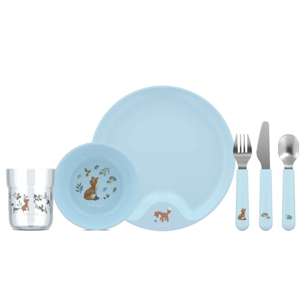 Conjunto infantil azul com desenhos animais e texto little dutch