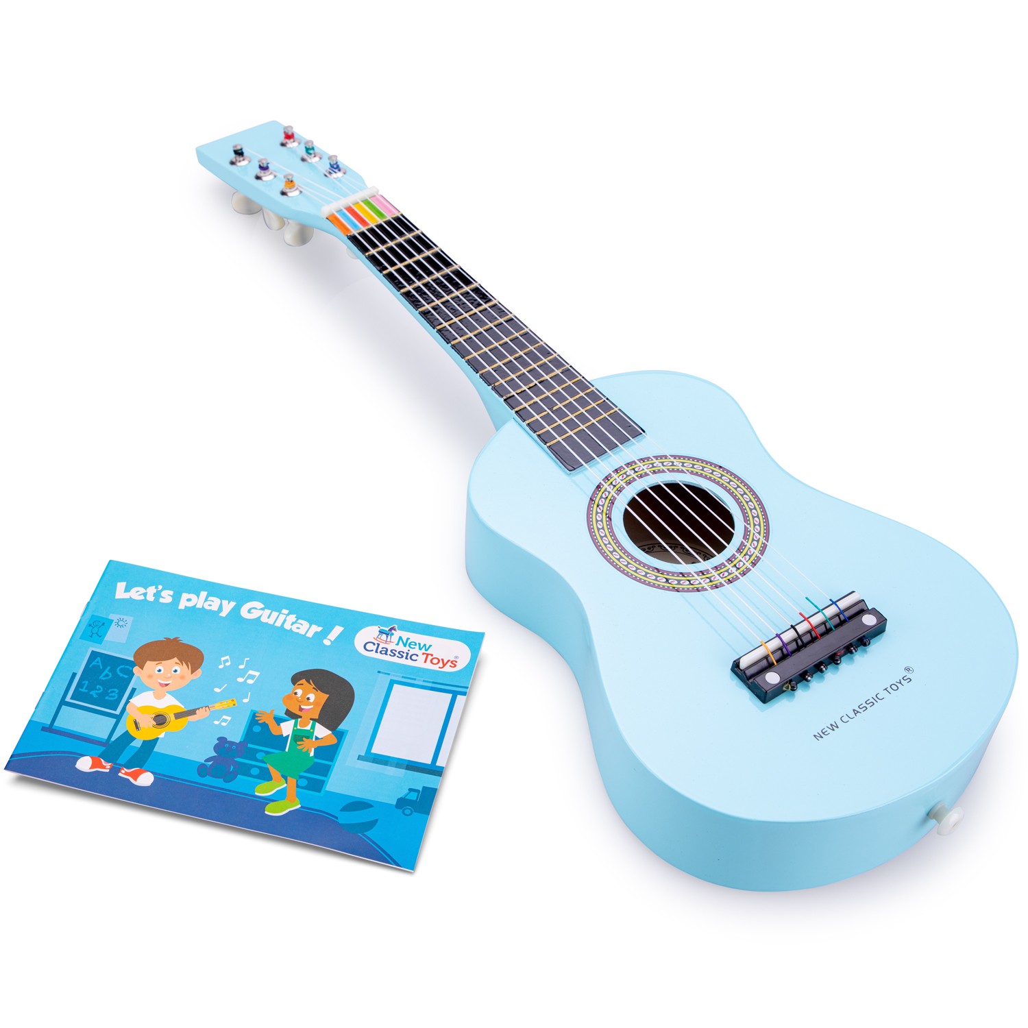 Guitarra azul clara para crianças com folheto azul ilustrado