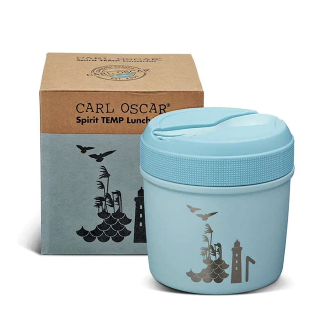 Recipiente térmico azul claro com desenhos e embalagem de cartão
