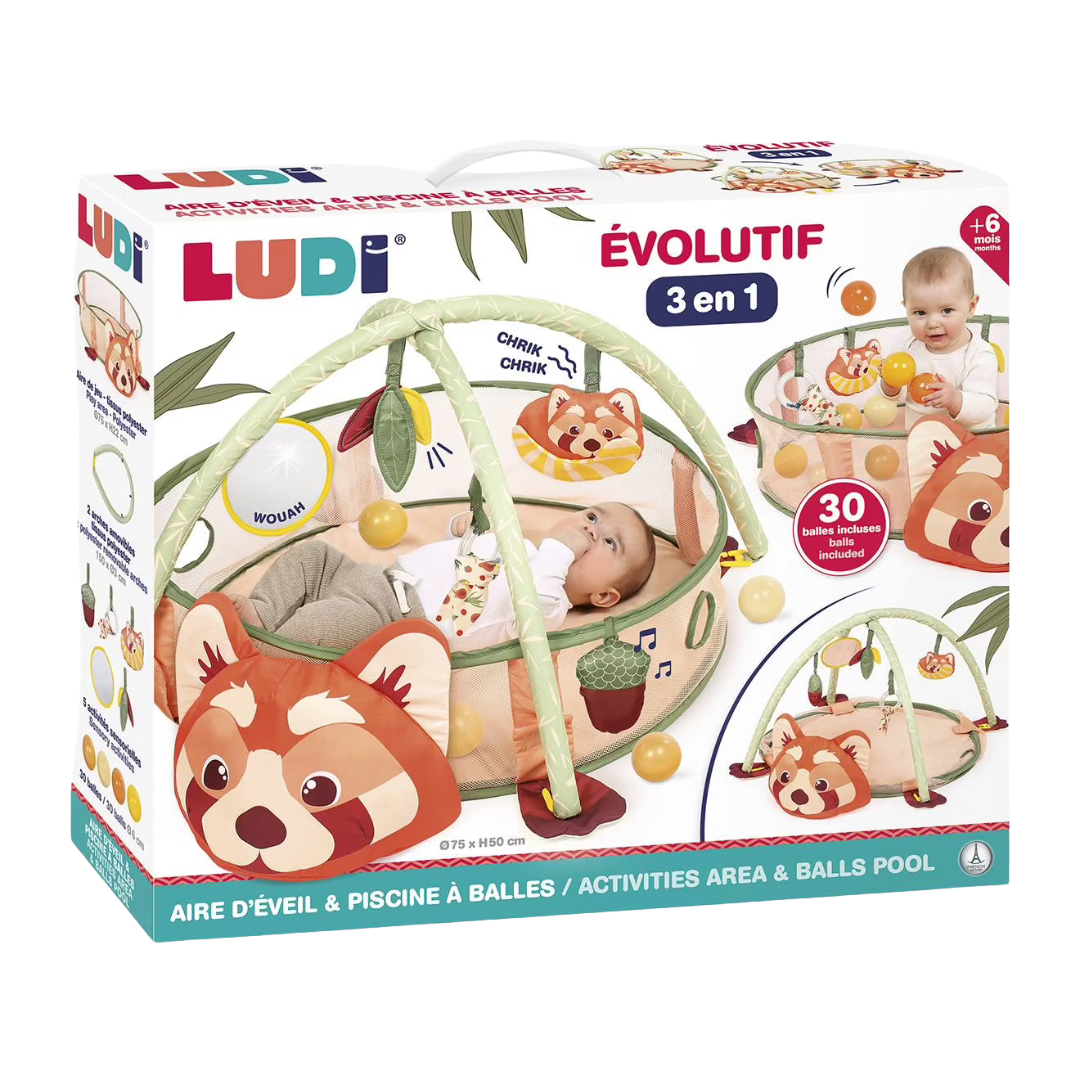 Área de atividades e piscina com bolas para bebés da marca LUDI em caixa com imagem do produto e bebé a brincar