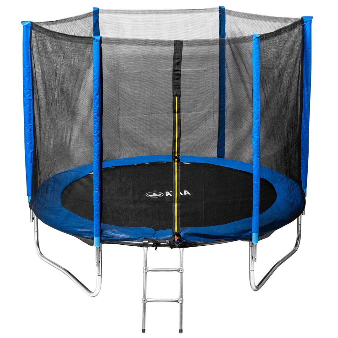 Cama elástica redonda com rede de segurança preta e proteções azuis