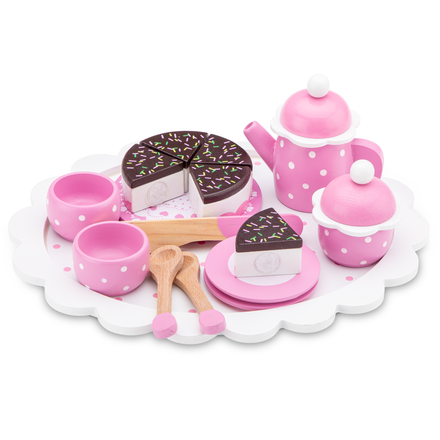Conjunto de brinquedo para chá em madeira cor de rosa com bolinhas brancas e bolo em tabuleiro branco