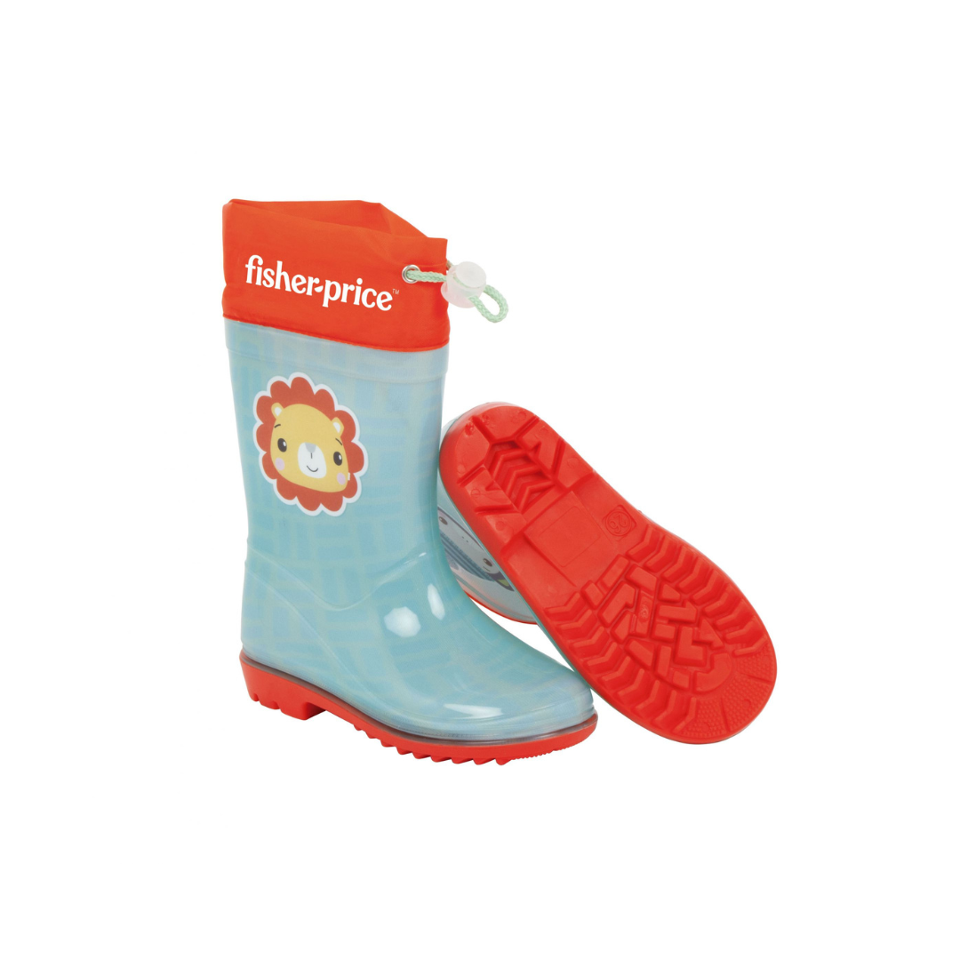 Botas de chuva azuis e vermelhas com desenho de leão e marca fisher-price