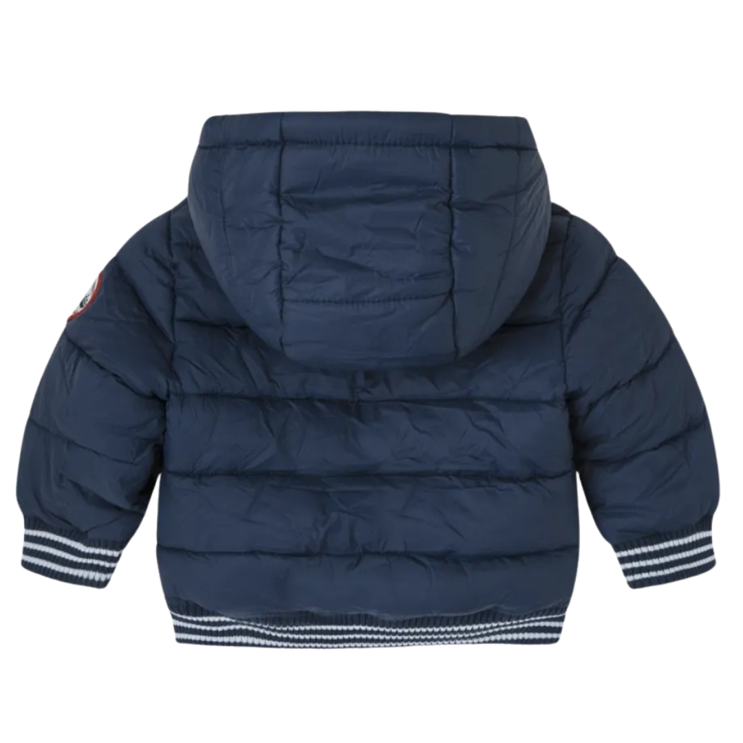 Casaco corta-vento acolchoado azul escuro para criança com capuz e punhos riscado