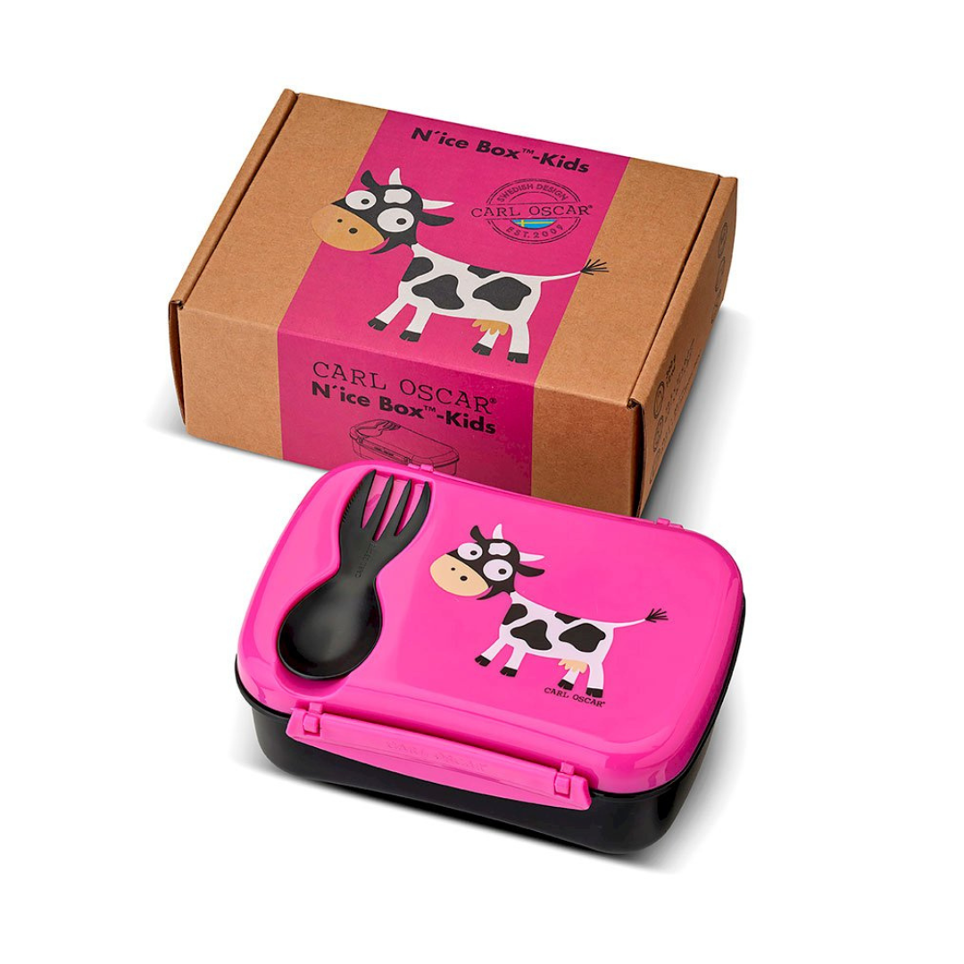 Lancha de lancheira rosa com vaca e garfo preto, embalagem de cartão castanho com fita rosa