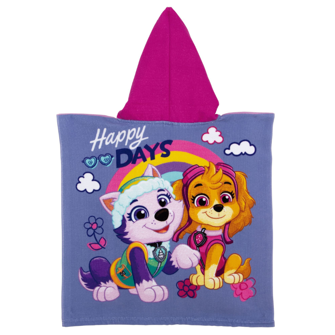 Capa de banho infantil azul com capuz rosa e personagens animados de cães coloridos