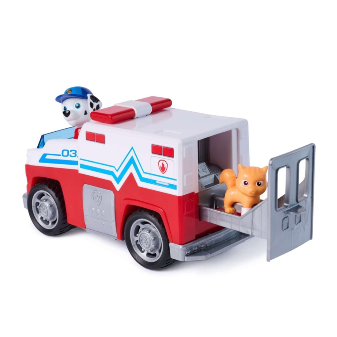 Brinquedo de camião de emergência com figura de cão e gato em plástico.