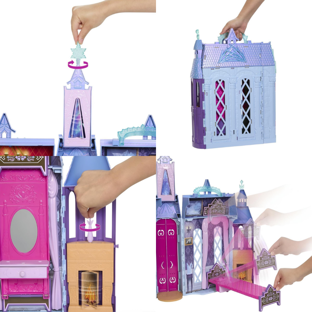 Brinquedo casa de brincar lilás e rosa com peças móveis e detalhes translúcidos