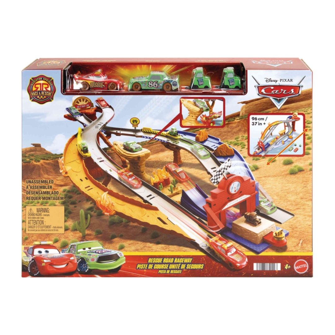 Conjunto pista de corrida Rescue Road Raceway Disney Pixar Cars com carros e rampa