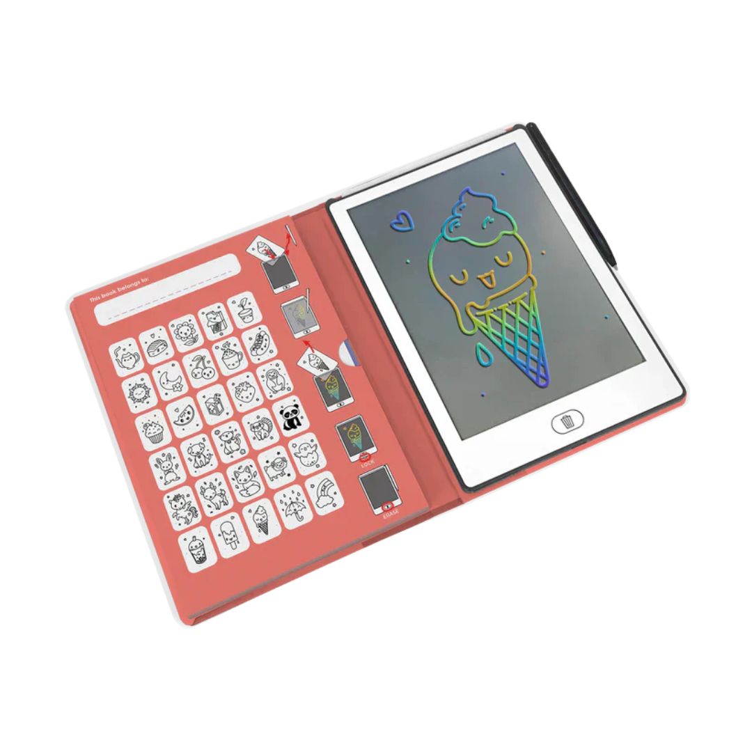 tablet ou eWriter com capa vermelha e desenhos pequenos, ecrã com desenho colorido de gelado